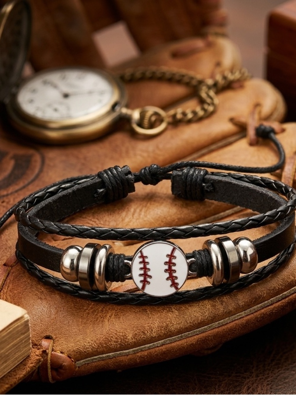 Black Leather Baseball Stitch Men's Bracelet